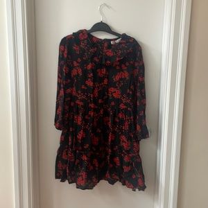 Black Zara Dress Long Sleeved with Ruffles and Red Flower Design